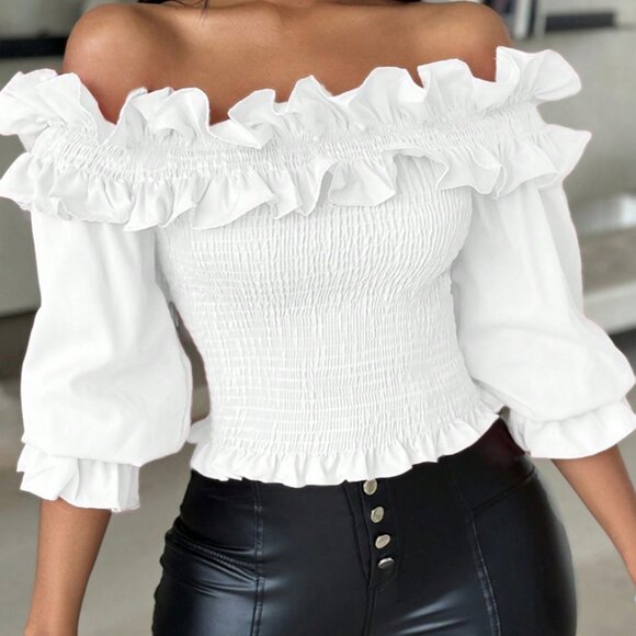 White Casual Women's Short Ruffle Trim Off Shoulder Blouse - Picture 4 of 6